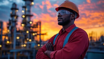 Worker in safety gear with arms crossed, overlooking an industrial site against a sunset