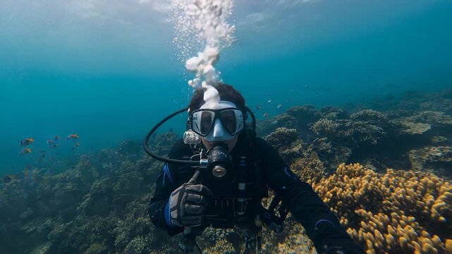 Gripping regulator, scuba diver in wetsuit and scuba tank exhaling bubbles at coral reef with fish
