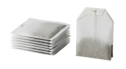 Isolated Tea Bags Stacked Ready for Hot Beverage Drink Preparation and Single Teabag