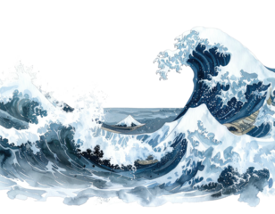 Powerful ocean waves crashing, a large, foamy crest, against a distant mountain