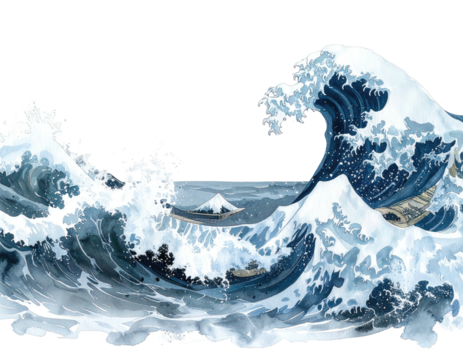 Powerful ocean waves crashing, a large, foamy crest, against a distant mountain