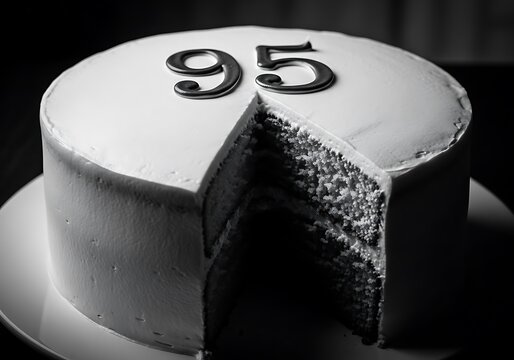 Black and white birthday cake with "95" on top and a slice removed, revealing layers, perfect for celebrating a 95th milestone.