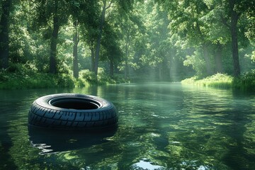 Tranquil scene of a sunlit river, trees on either side, a tire floats in water