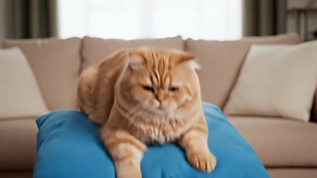 Fluffy ginger cat with grumpy expression relaxing on blue cushion at home