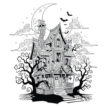 A spooky black and white line art illustration of a haunted Victorian house with a crescent moon bats and gnarled trees.