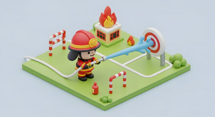 cute firefighter training fire safety practice illustration