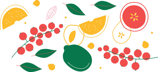 Flat Vector Fruits and Vegetables Icons Set, Healthy Food Illustration Collection	