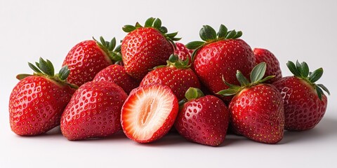 A vibrant group of ripe strawberries, some whole and one sliced, against a white backdrop