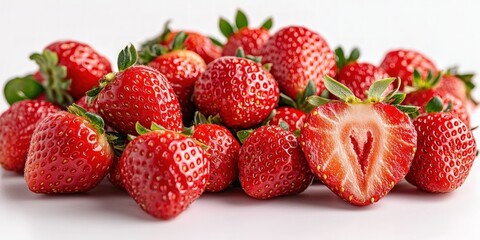 Pile of vibrant red berries, one cut in half to expose the interior. Green leaves