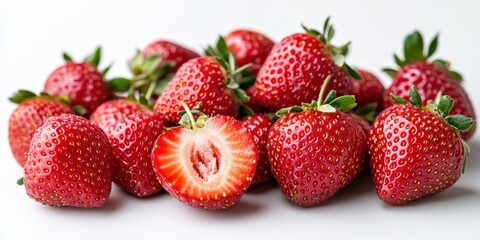 Close-up of fresh, ripe strawberries, some whole, one sliced, on a white surface