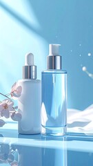 Two Skincare Bottles with Floral Accent on Reflective Blue Surface