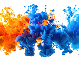 Vibrant swirling colors of orange, blue, and indigo inks in motion
