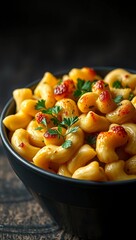 truffle mac and cheese gourmet food luxury meal baked pasta cheesy pasta melted cheese comfort food black bowl moody lighting  
