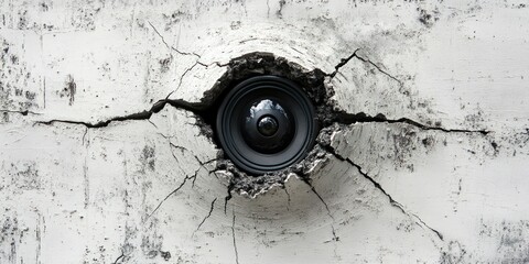 A black speaker embedded in a cracked, white wall, suggesting sound's impact and power