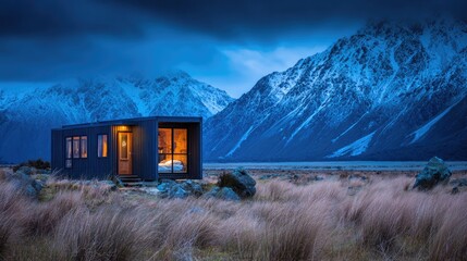 Modern cabin nestled amongst snow-capped mountains at twilight.