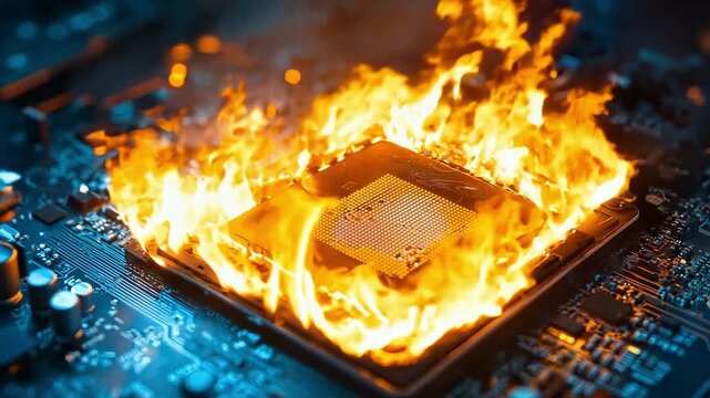 A computer motherboard on fire with a cpu on top of it