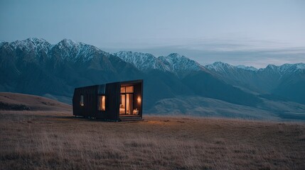 Modern cabin nestled in a mountain valley at twilight.