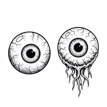 Handdrawn horror illustration of two creepy veiny eyeballs one ripped from its socket.