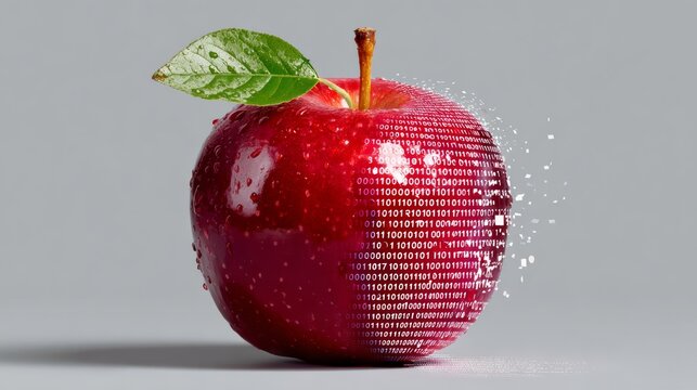 Red apple with a green leaf, partially transforming into digital binary code, symbolizing the fusion of nature and technology, showcasing innovation and modernity in a visually striking composition