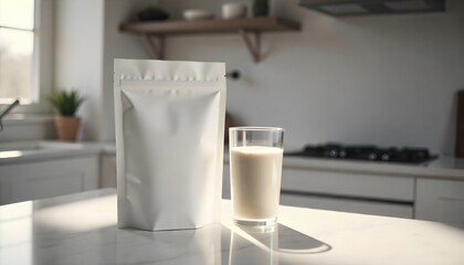 Blank White Stand Up Pouch and Glass of Fresh Drink on a Modern Kitchen Counter with Natural Light