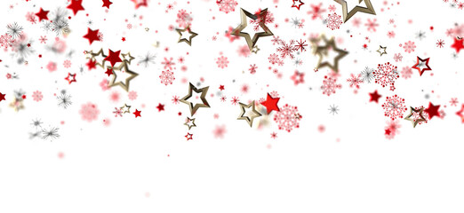 Festive background with red and gold stars and snowflakes. Perfect for Christmas, New Year, celebration.