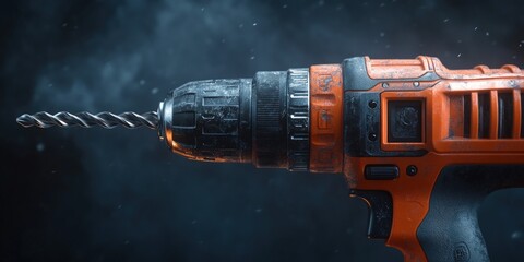 Close-up shot of a power drill. Orange and black with a focused drill bit, set against dark background