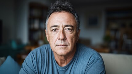 Intense portrait of a mature man with short, graying hair and a serious expression. He is wearing a blue shirt and looks directly at the viewer.