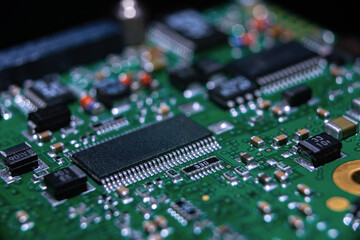 Exploring the intricate details of a circuit board highlighting artificial intelligence and cryptocurrency technology