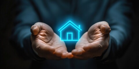 Glowing blue house icon floating above cupped hands. Dark background suggests care and protection