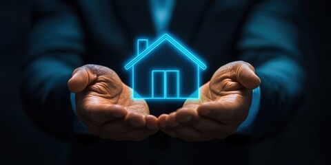 Hands cradling a glowing, outlined house symbol, symbolizing real estate