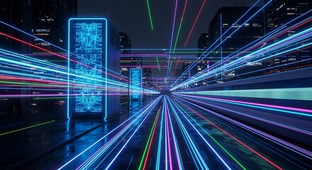 Futuristic data center with server racks and glowing network connections in a city.