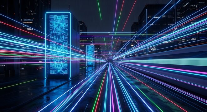 Futuristic data center with server racks and glowing network connections in a city. - Powered by Adobe
