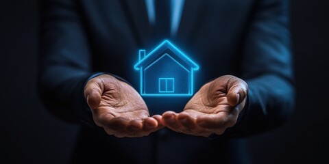 A person's hands cradle a glowing, blue house icon, representing home ownership