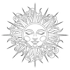Ornamental line art of a celestial sun with a serene face sharp rays and swirling clouds.