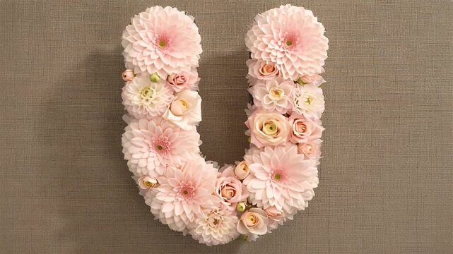 A beautiful floral arrangement of the capital letter U made with soft pink flowers