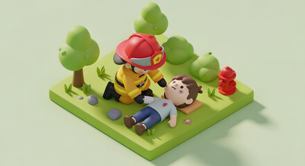 firefighter helping person first aid emergency rescue cartoon