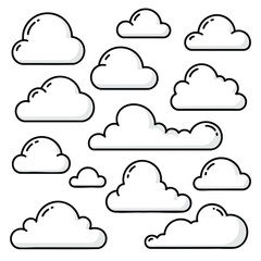 Puffy white cartoon clouds with bold black outlines in a simple vector illustration set.