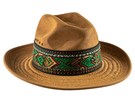 Tan leather fedora with a decorative straw brim and beaded band