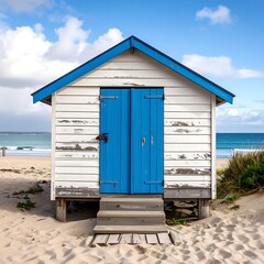 Beach hut on sandy shore