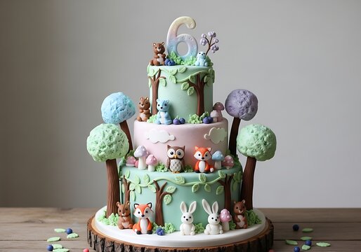Multi-Tiered Woodland Themed 6th Birthday Cake with Forest Animals and Edible Trees