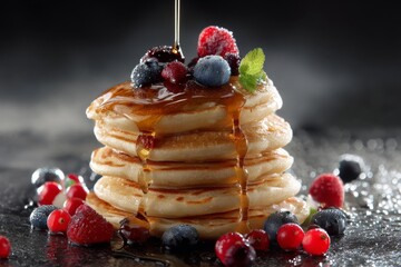 Stack of pancakes with maple syrup and berries.