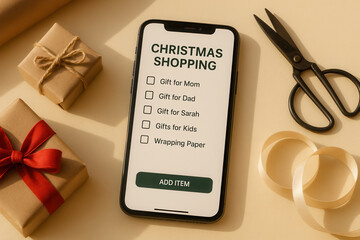 Holiday gift shopping list on smartphone with wrapped presents and scissors for a festive preparation