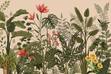Tropical botanical landscape Lush Vintage Botanical Wall Mural © Mondal_01