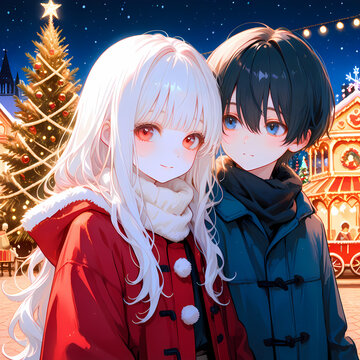クリスマスの恋人。遊園地でデートするアルビノの少女と碧眼の少年。日本の漫画風のAIイラスト