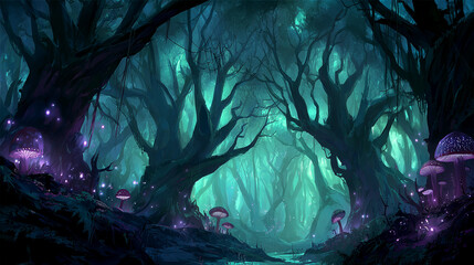 Enchanted blue forest path with glowing mushrooms, fireflies, and a dreamlike night glow