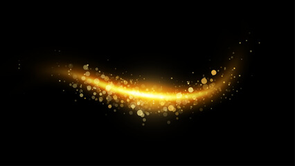 Curved gold line with glitter dust, realistic golden light flare with shining pieces. Vector illuminated beam with shimmer texture effect. Illumination trail with bright round particles © Sensvector