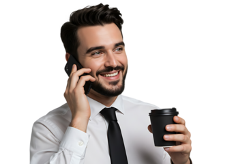 Smiling businessman holding coffee cup and talking on phone isolated on transparent background