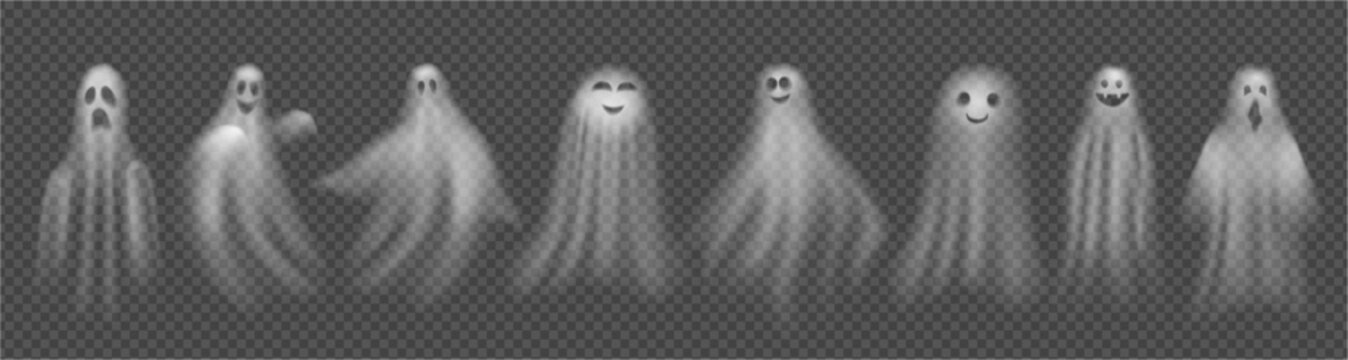 Happy and scary Halloween poltergeists. Vector realistic collection of spooky ghosts with emotions, flying spirits. Fantom transparent effect for october festival. Decoration and prints element
