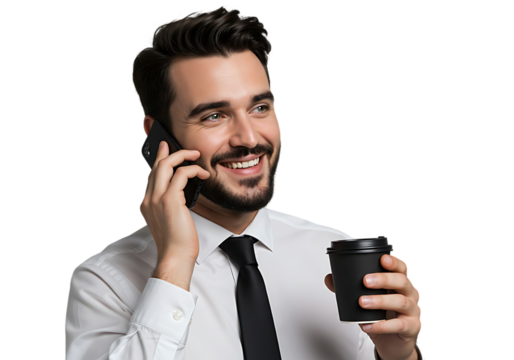 Smiling businessman holding coffee cup and talking on phone isolated on transparent background - Powered by Adobe