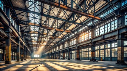 Empty industrial warehouse with sun rays